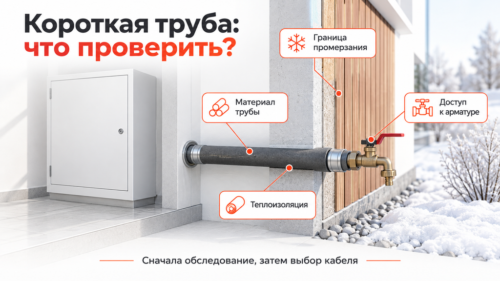 Инфографика выбора обогрева короткой трубы: холодная зона, материал водопровода, утепление и доступ к арматуре